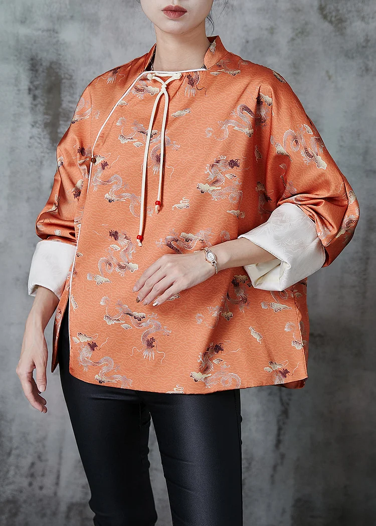 Vintage Orange Tasseled Print Side Open Silk Oriental Coats Fall