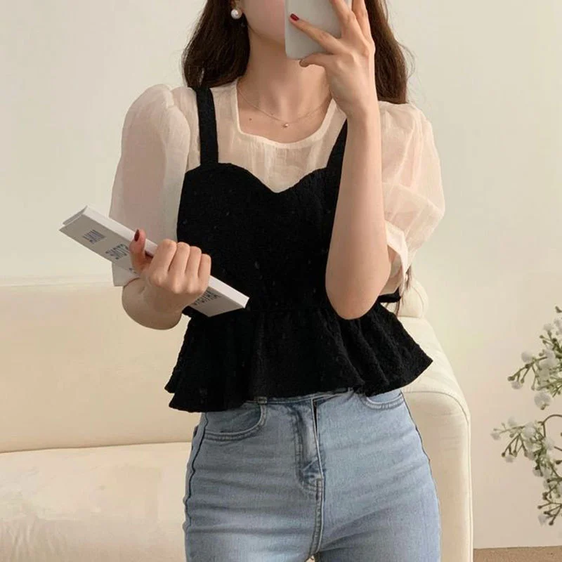 Woherb Woherb Chic Autumn And Winter French Gentle Square Collar Color Stitching False Two Texture Feeling Bubble Sleeve Shirt Jacket Female-Outfit Ideas