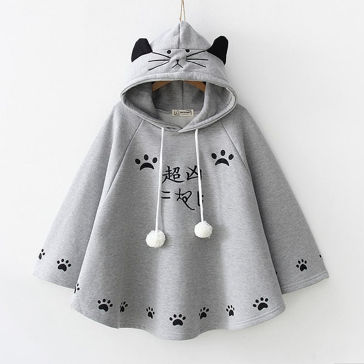 Cartoon Kitty Paw Print Plush Hooded Cloak Coat - Modakawa modakawa