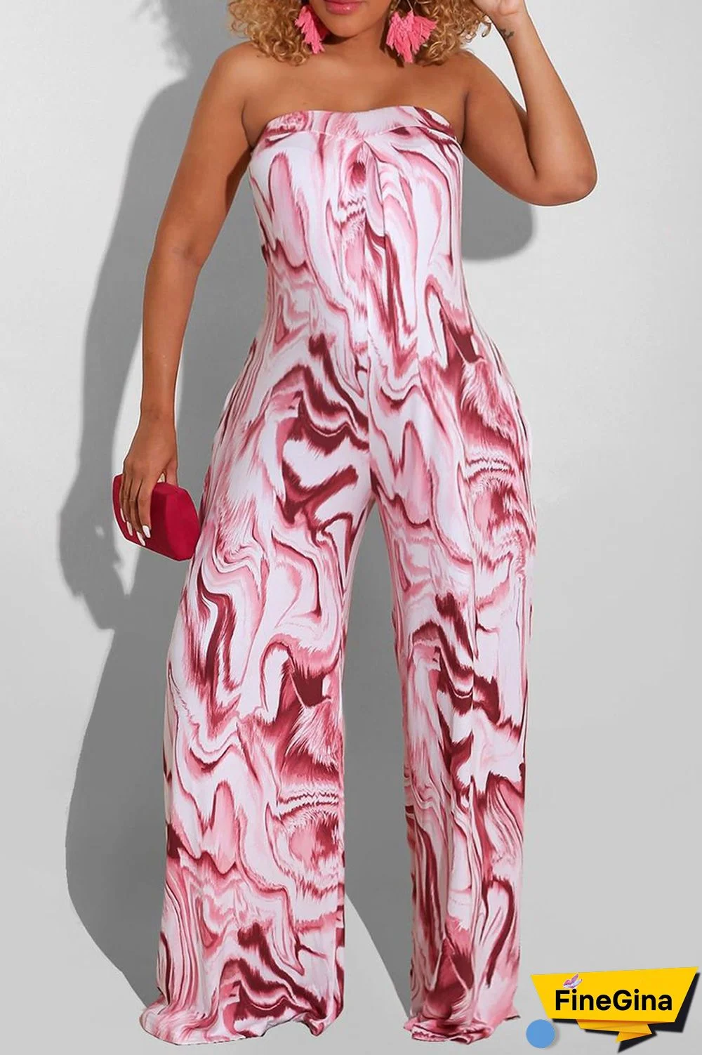 Burgundy Sexy Casual Print Backless Strapless Regular Jumpsuits