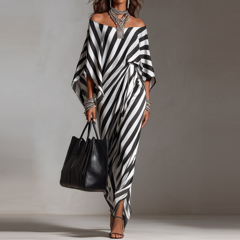 Elegant Striped Off The Shoulder Midi Dress elevenforest