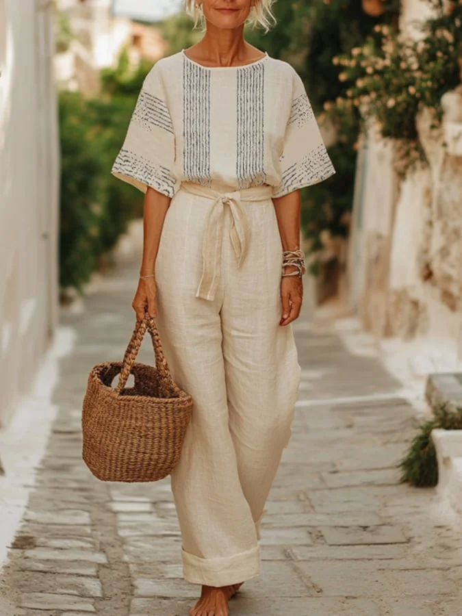 Women'S Casual Cotton And Linen Holiday Stripe Pattern Print Top And Pants Set 