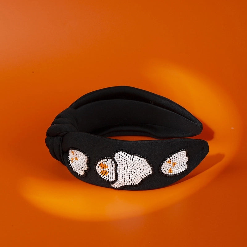 Women’s Hip-Hop Retro Funny Halloween Pattern Pumpkin Ghost Cloth Seed Bead Hair Band