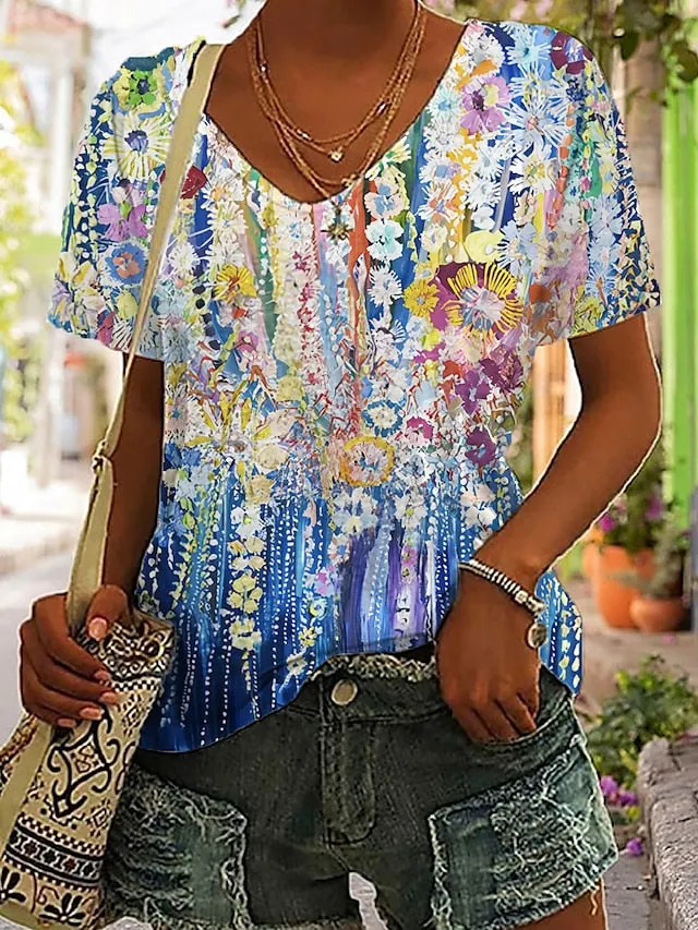 Red Blue Purple Flower Print Shirt For Women
