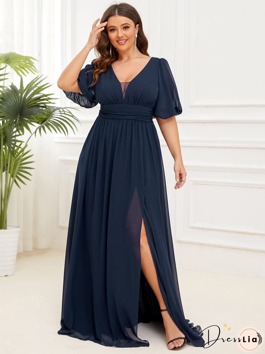 Elegant Deep V-Neck A-Line Bridesmaid Dress with Half Puff Sleeves