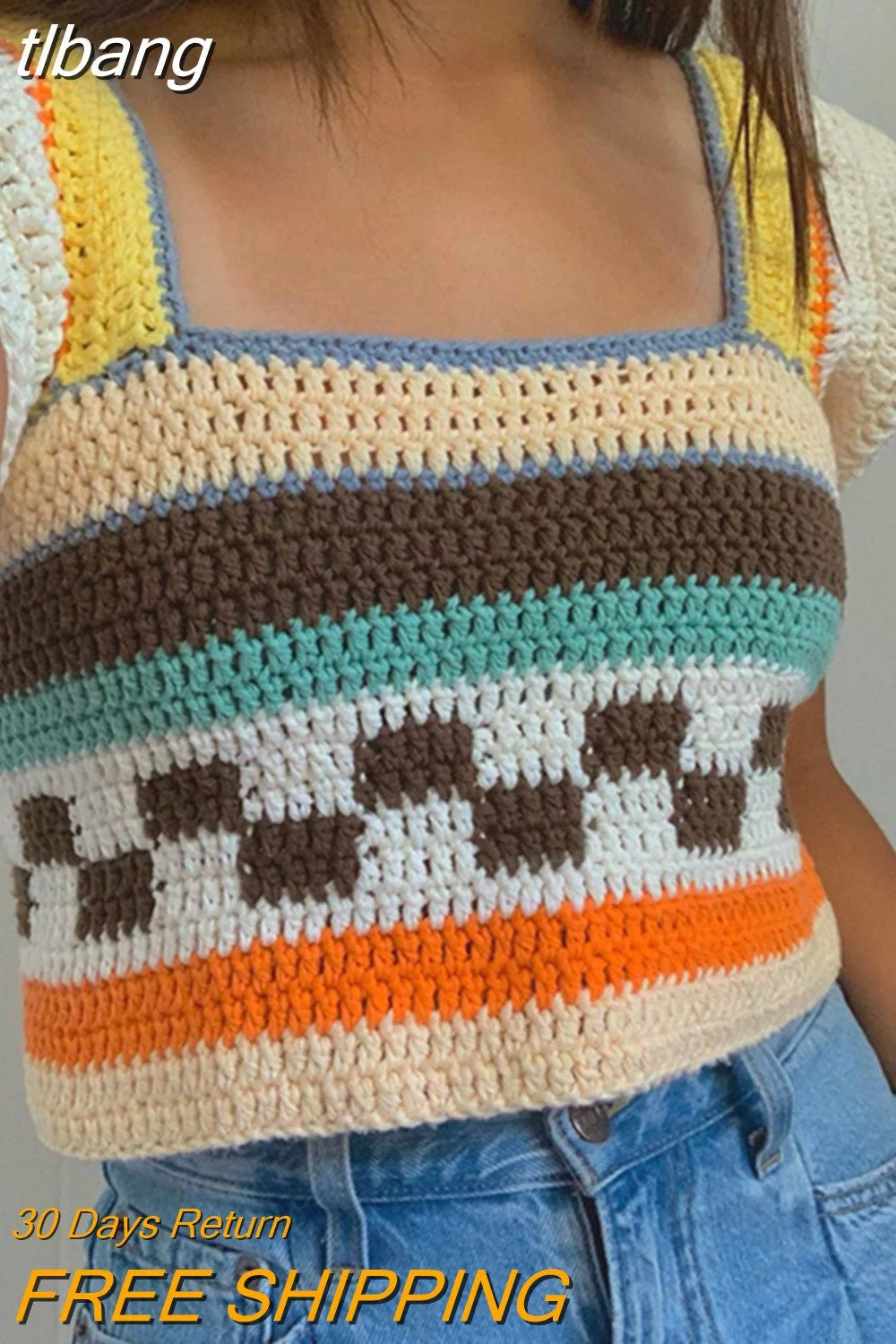 tlbang 2000s Aesthetic Knitted Top New Summer Women Square Neck Contrast Color Crochet Tanks y2k Fairy Core Clothes Streetwear