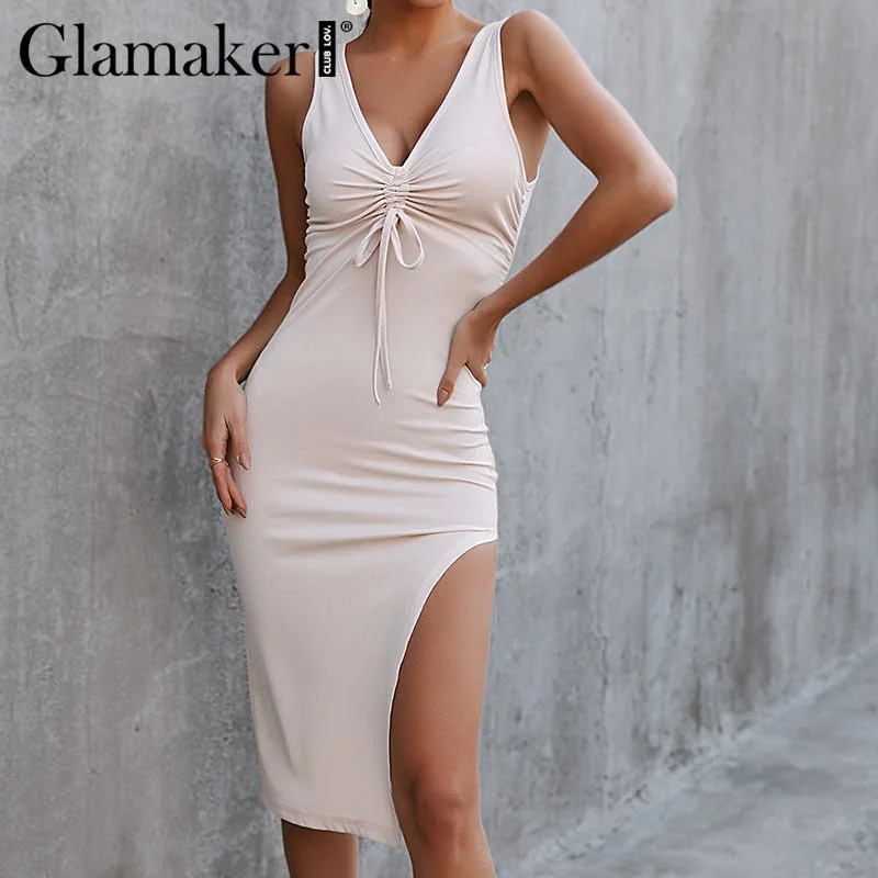 Glamaker Knitted crease high split elasticity dress Sexy sleeveless slim summer dress Women spring backless bodycon vestidos new