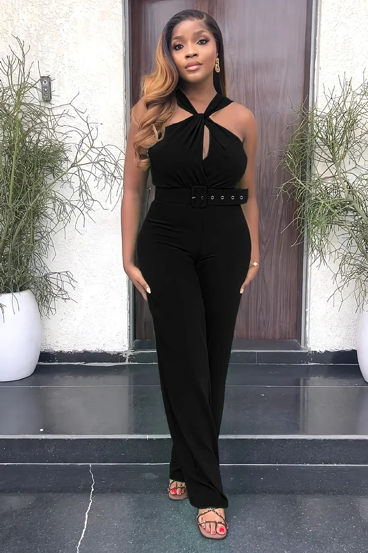 Ruched Crossover Halter Sleeveless Belt High Waist Straight Leg Jumpsuit