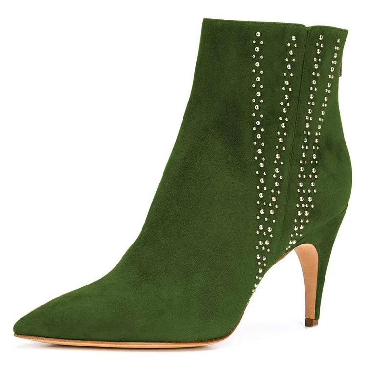Green Vegan Suede Studded Pointed Toe Heeled Booties for Women |FSJ Shoes