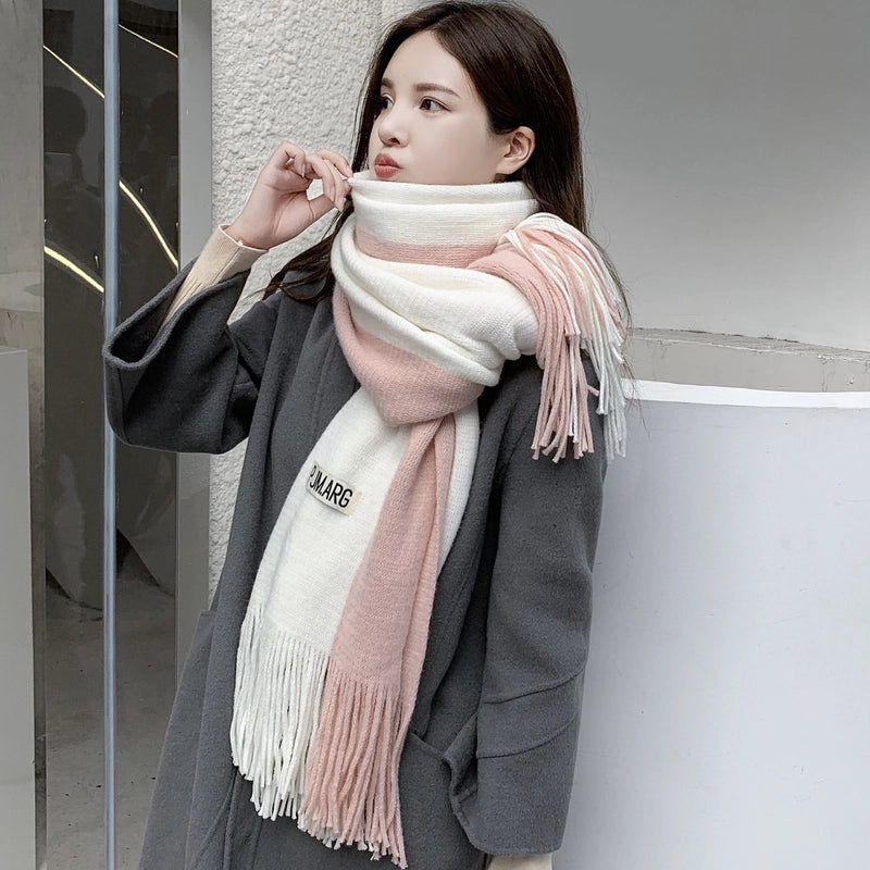 Imitation Cashmere Scarf Women’s Autumn And Winter Color-blocking Warm Japanese And Korean Style Couple Thickened Scarf Two-color Tassel Scarf