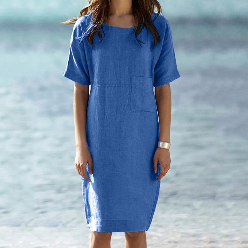 Womens Summer Dress Short Sleeve Cotton And Linen Dress Pocket Dresses