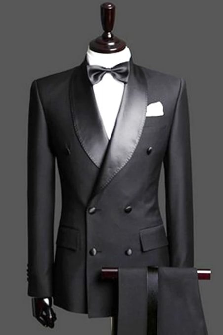 Satin Lapel Glamorous Black Double Breast Wedding Tuxedos 2 Pieces(Jacket Pants) | Ballbellas Ballbellas