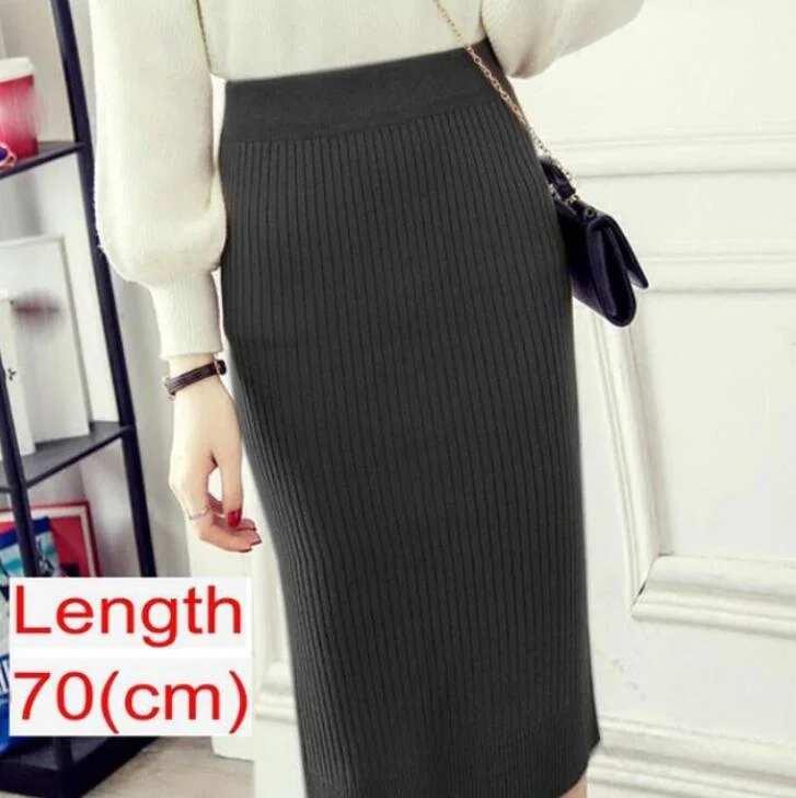 Women Knitted Pencil Skirts Slim Solid Basic Ladies Office High Waist Elegant Midi Skirt 2020 Autumn Winter Warm Womens Skirts