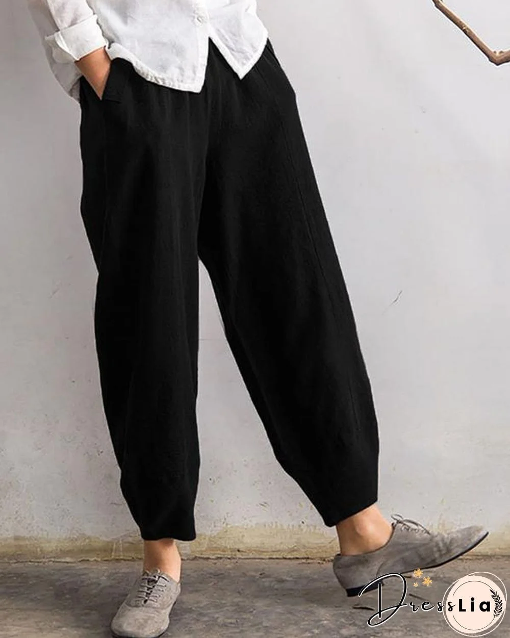 Solid Casual Pocket Elastic High Waist Harem Pants