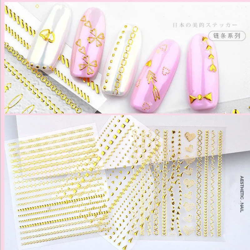 1Pcs 14x9cm 3D Metal Fashion Pattern Glamour Nail Art Sticker Self-adhesive Tape 3D Gold Chain Zipper Nail Design Applique