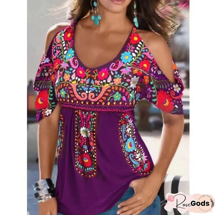Boho Printed V Neck Off Shoulder Cold Shoulder Cotton Blend Short Sleeve Tunic Top