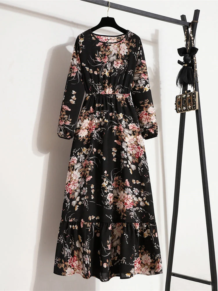 Women's Long Sleeve Scoop Neck Graphic Floral Printed Maxi Dress