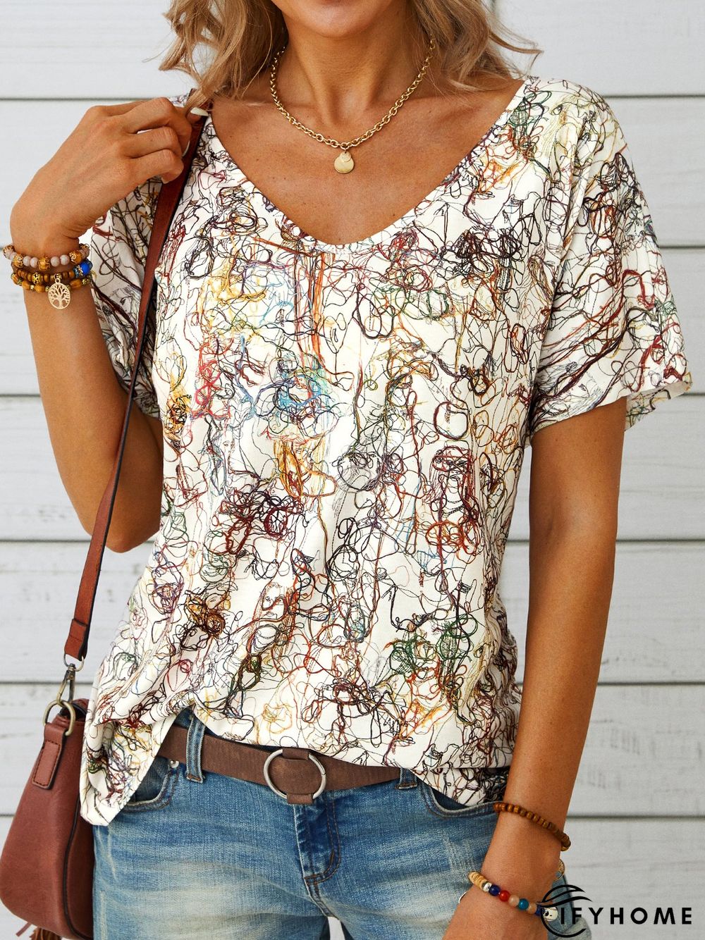 Casual Short Sleeve V Neck Printed Top | IFYHOME