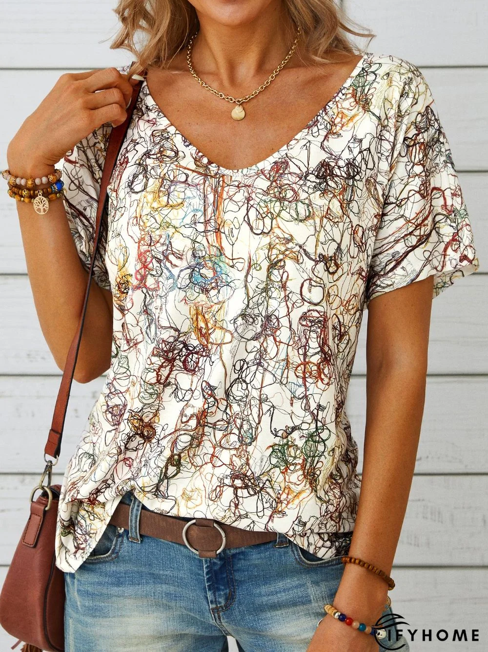 Casual Short Sleeve V Neck Printed Top | IFYHOME