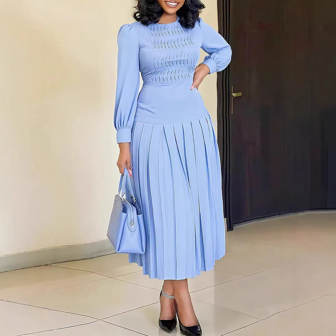 Women Round Neck Puff Long Sleeve Smocked Waist Pleated Midi Dress