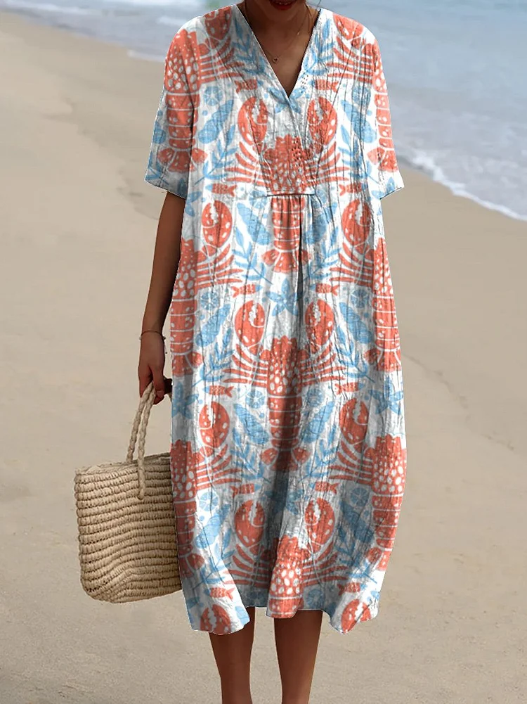 Lobster And Sea Shell Seamless Pattern Printed Women's Flowy Dress