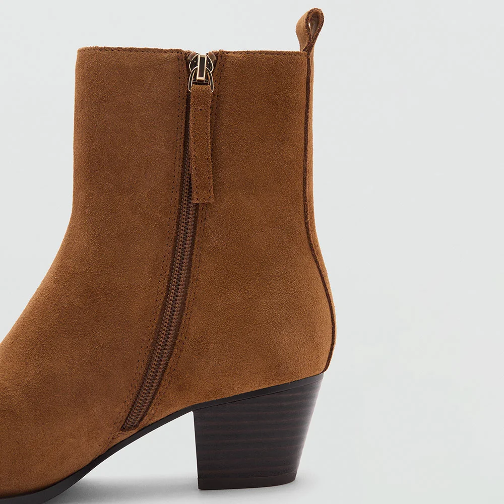 Brown Vegan Suede Chunky Heel Square Toe Zipped Booties for Women