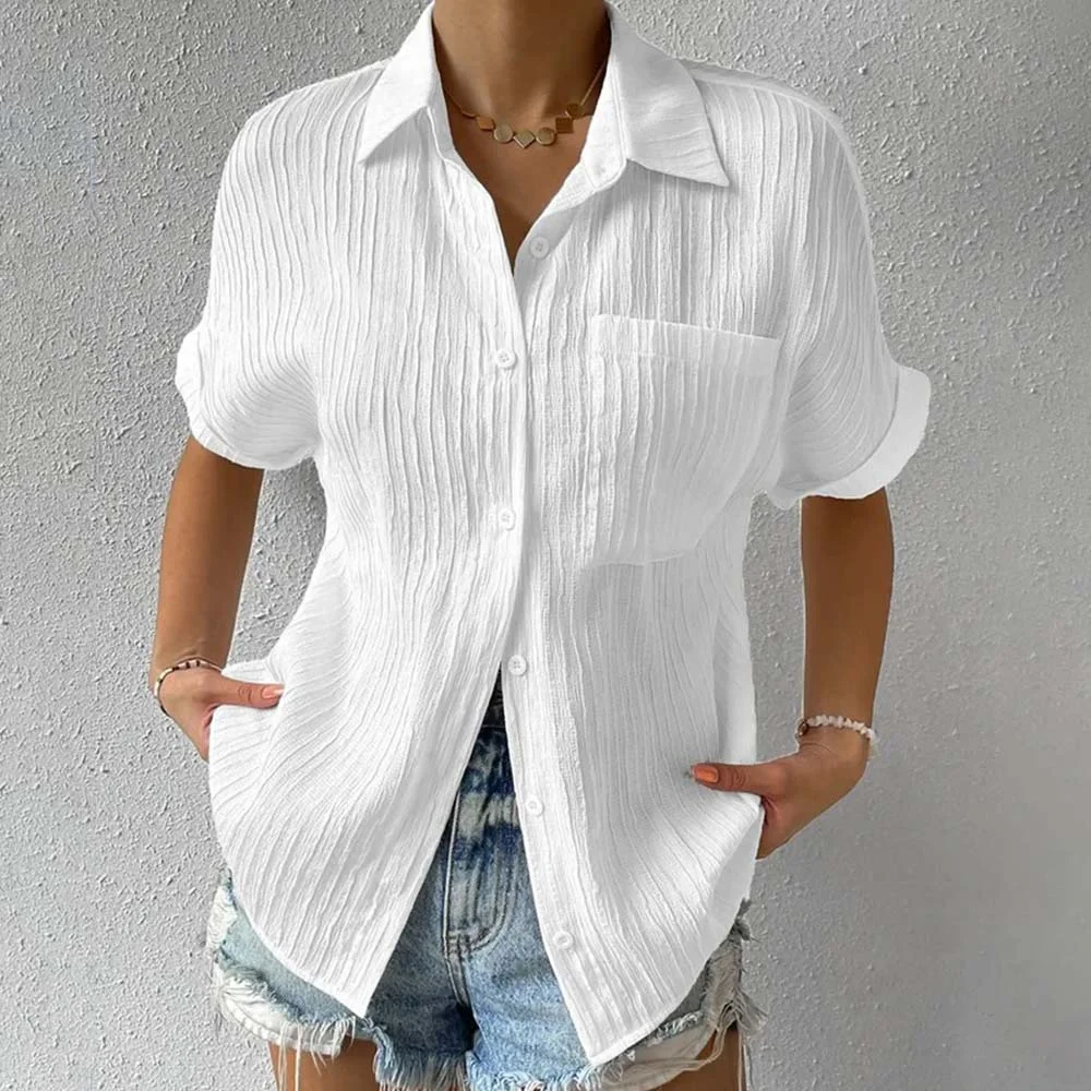 Smiledeer Summer Ladies Solid Color Casual Lapel Pocket Short Sleeve Shirt