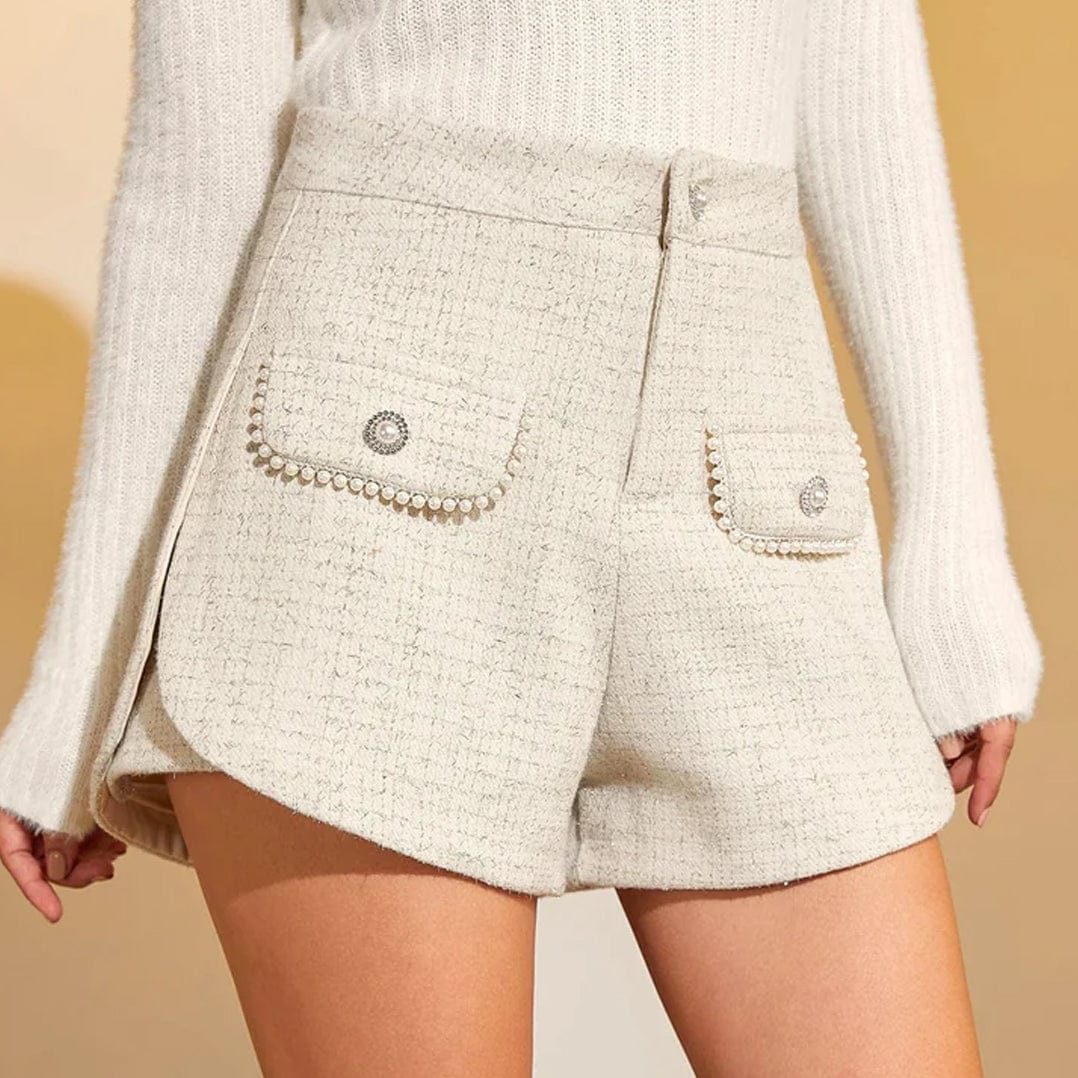 Floral White Faux Pearl Metallic Thread Tweed Shorts