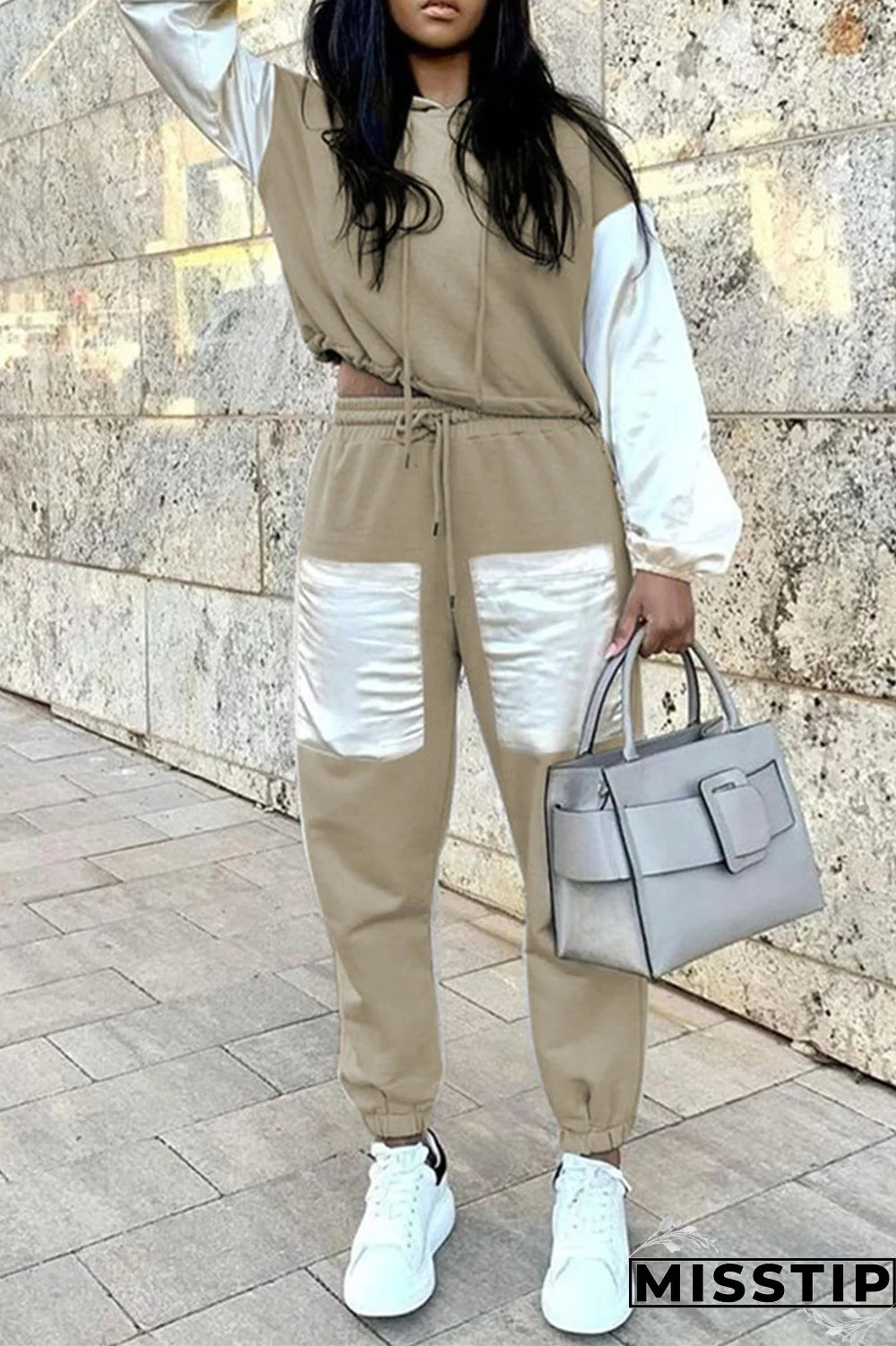 Brown Fashion Casual Patchwork Basic O Neck Long Sleeve Two Pieces