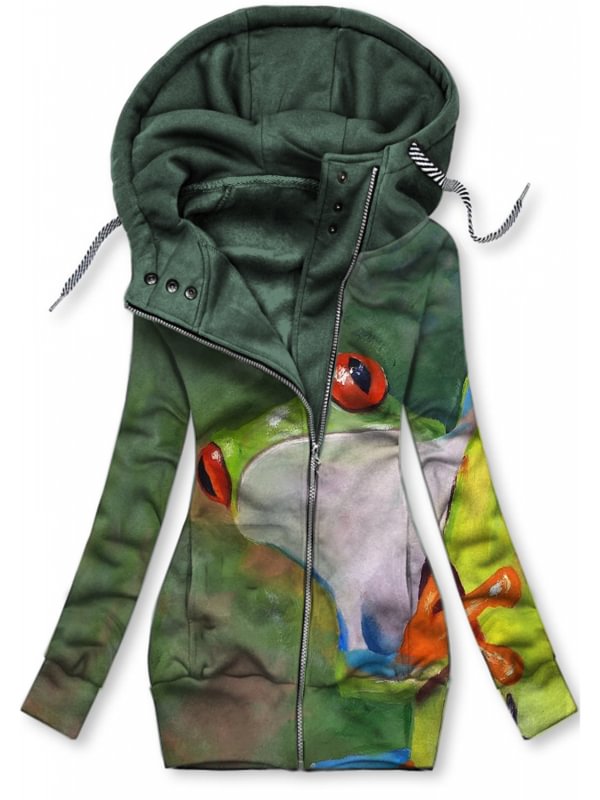 Retro Frog Print Zip Hooded Jacket Coat
