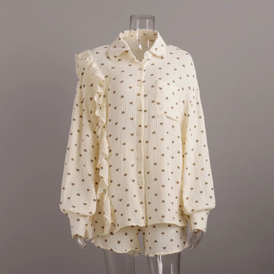 Churchf Churchf Set Heart-Shaped Print Stitching Wood Ear Long Sleeve Shirt Shorts Set Pure Cotton Set