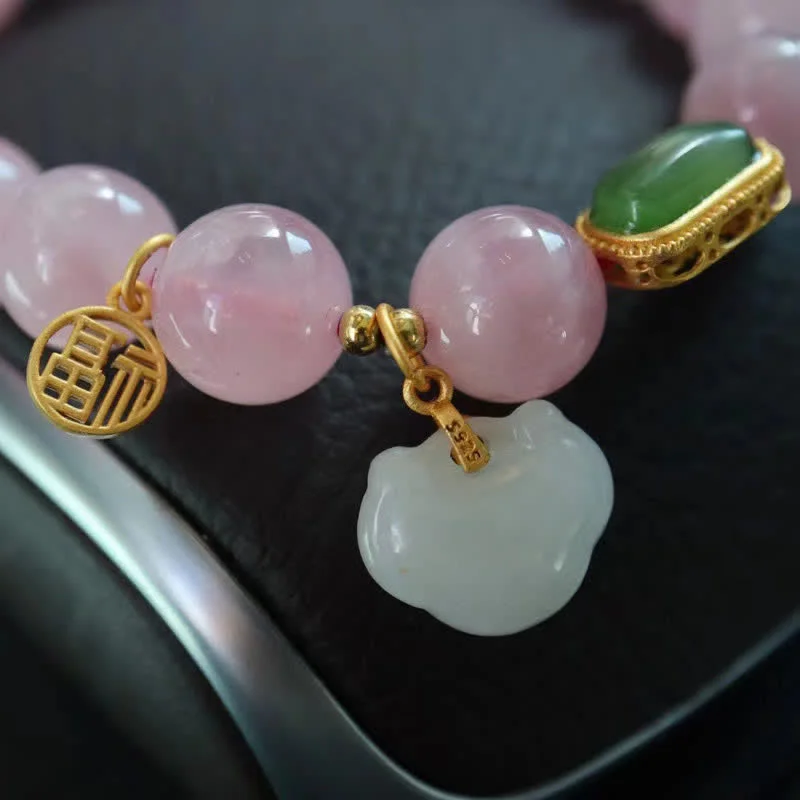 Natural Madagascar Rose Quartz Hetian Jade 925 Sterling Silver Wish Lock Peace Bracelet