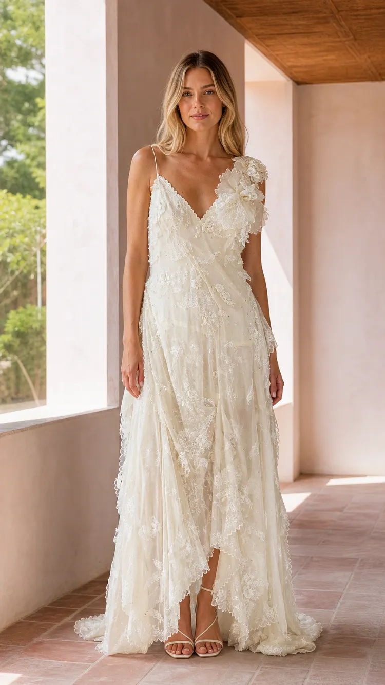 Floral Lace Asymmetric Tiered Maxi Dress with Open Back