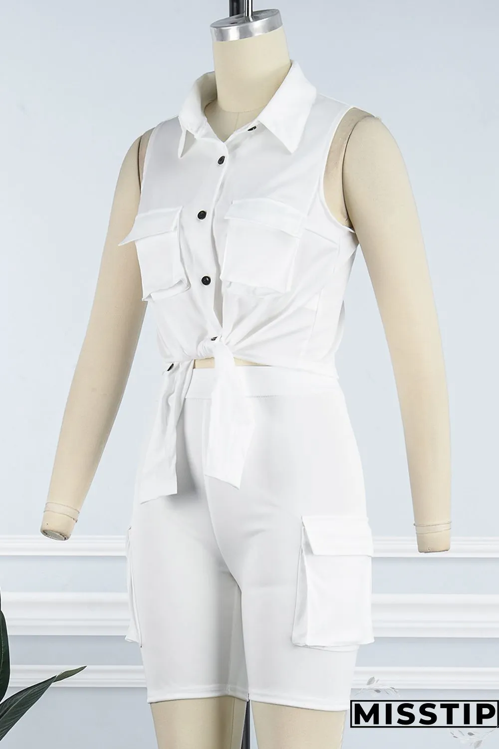 Khaki Casual Solid Patchwork Turndown Collar Sleeveless Two Pieces