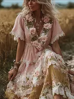 Vintage Bohemian Style Patchwork Plaid Rose Dress