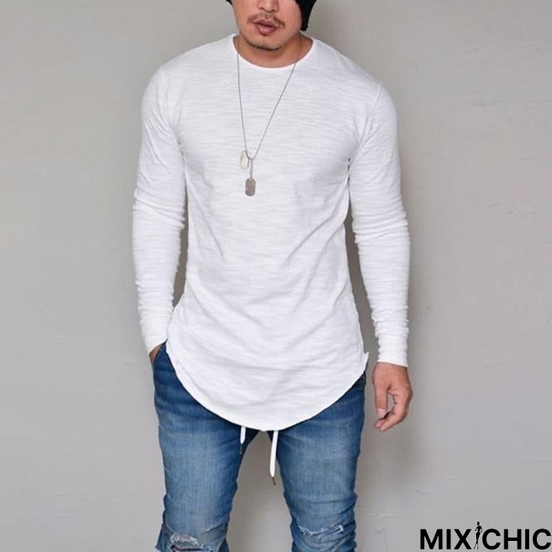 Plus Size Fashion Casual Slim Elastic Soft Solid Long Sleeve Men T Shirts Male Fit Tops Tee