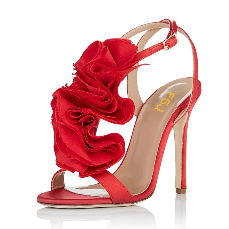 Red Prom Shoes Satin Flower Stiletto Heel Evening Sandals |FSJ Shoes