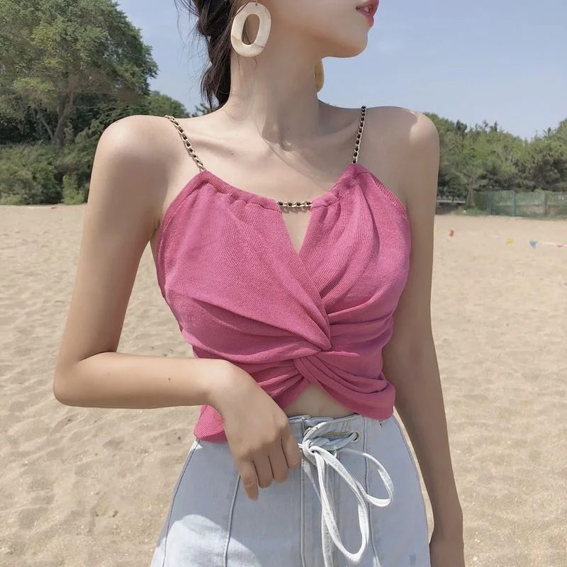 Uveng Uveng Vest Female Sense Summer New Korean Version Of The Kinking Chain Personality Knitted Sling Shirt Repair Umbilled