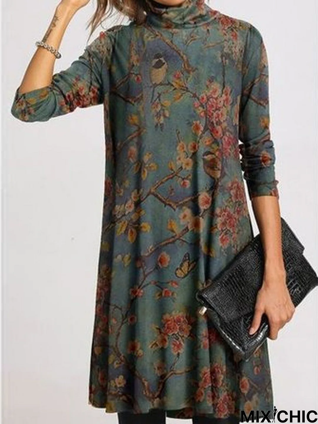 Vintage Shift Turtleneck Floral-Print Knitting Tunic Dress