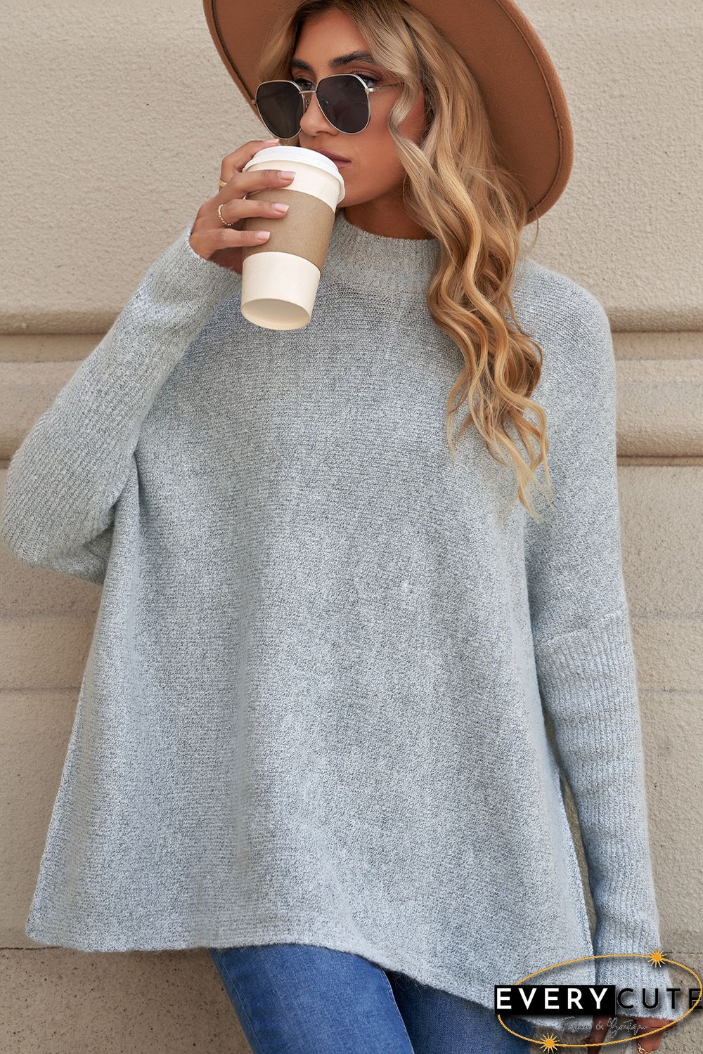Grey High Neck Oversized Sweater with Slits