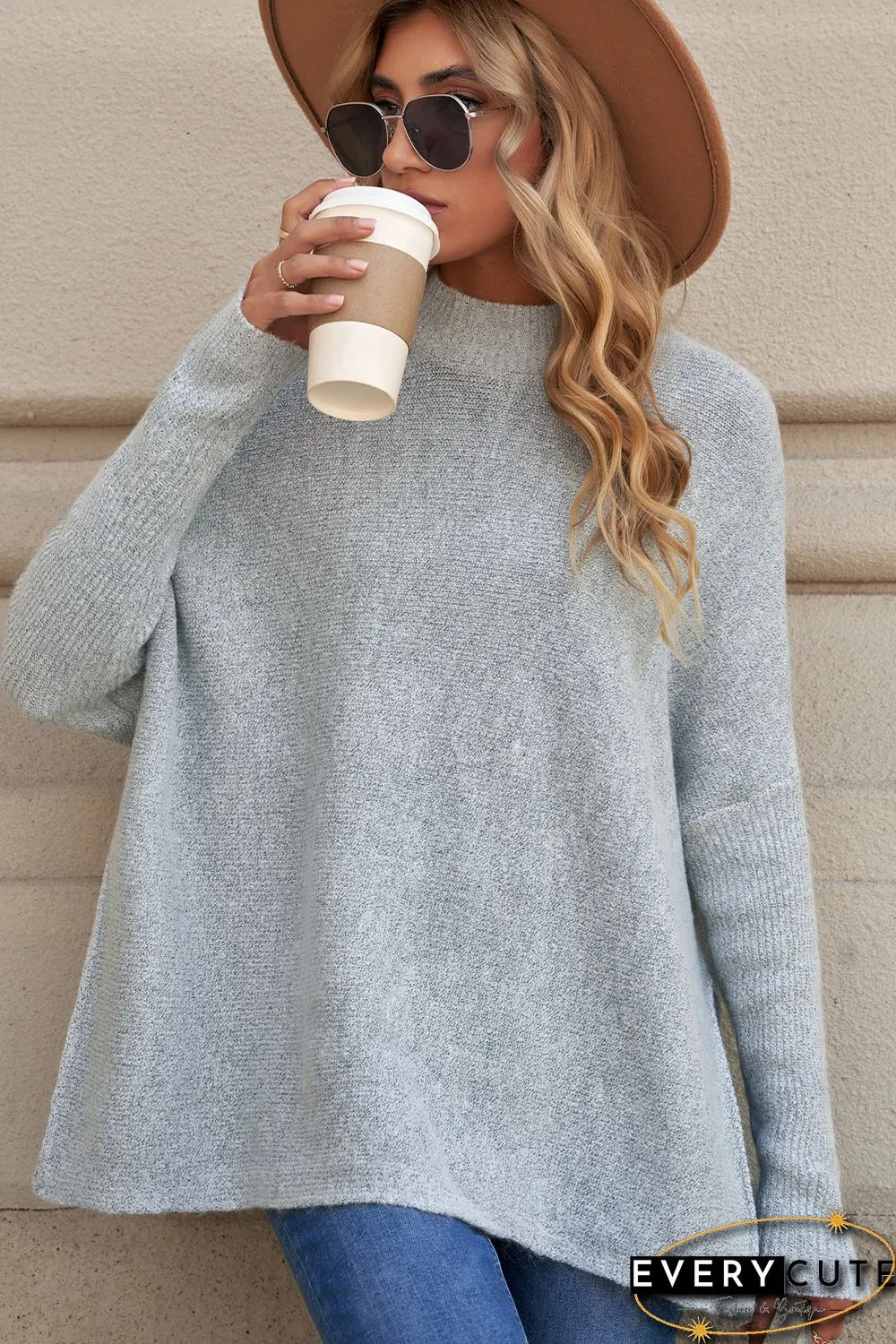 Grey High Neck Oversized Sweater with Slits