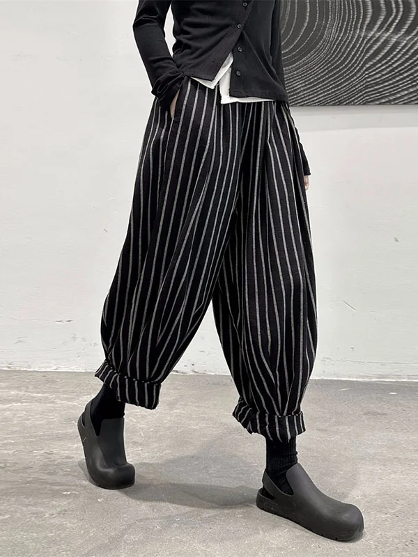 High-Waisted Split-Joint Striped Patterns Harem Pants Loose Trousers Pants
