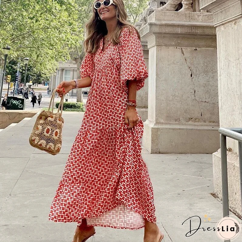 Sexy V Neck Holiday Beach Party Dress Lady Elegant Lantern Sleeve Long Dress Casual Sweet Printed Women Maxi Dress Vestidos