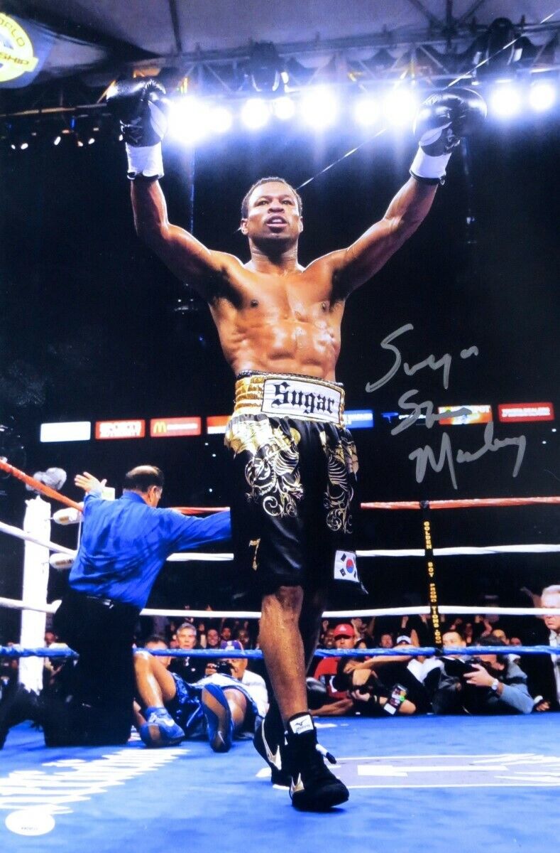 Sugar Shane Mosley Autographed 12X18 Photo Poster painting Post Knockout Hands Up JSA MM06035