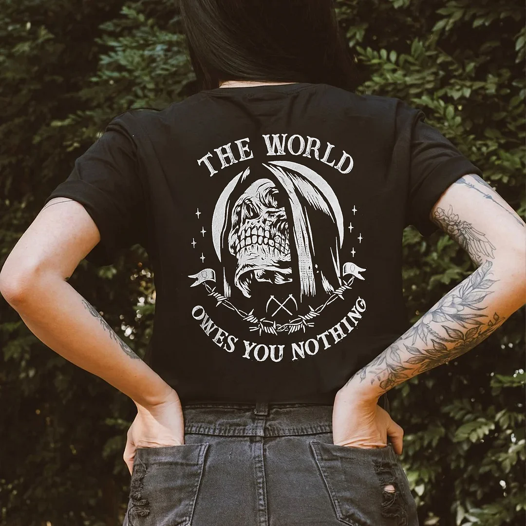 THE WORLD OWES YOU NOTHING Skull Casual Black Print Regular-fit T-shirt