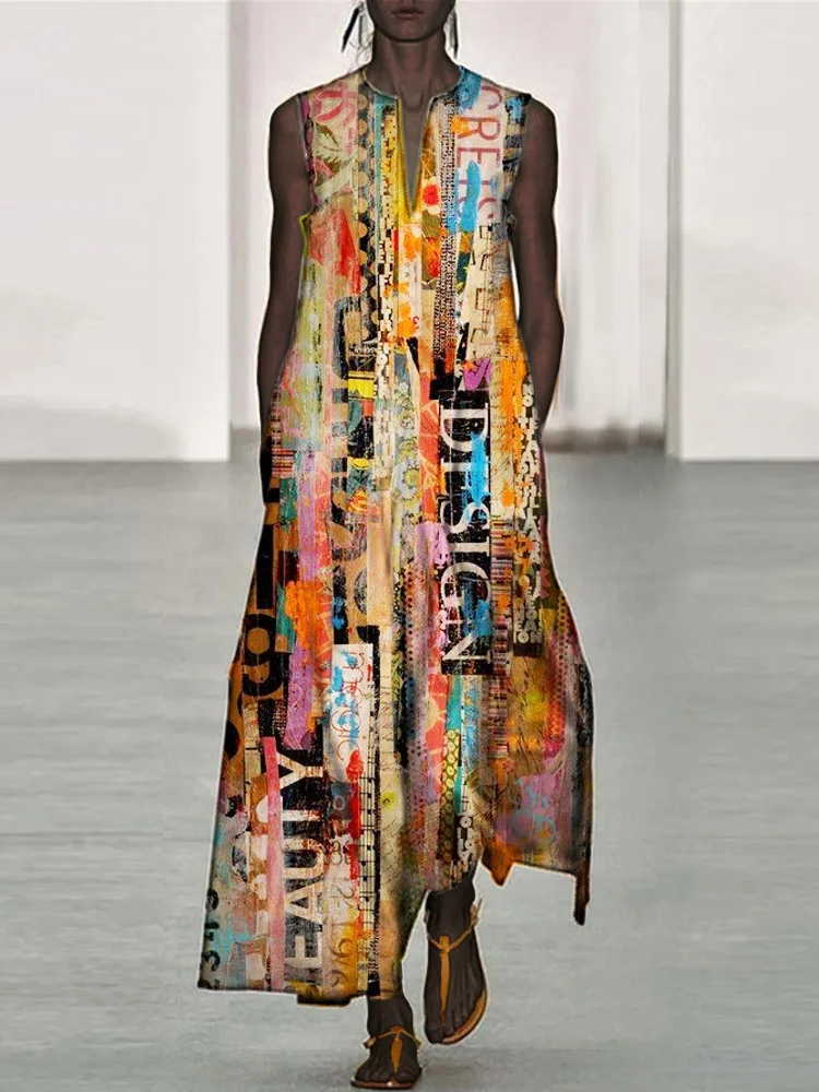 Fashion Chaos Letter Art Print Women's Linen Vest Dress