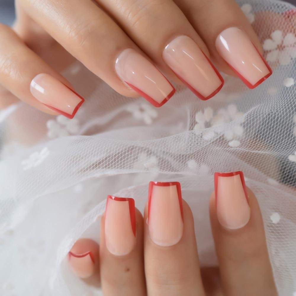 Medium Nude Clear Fake Nails With Red Rim U Press On Nail Whole Cover French Fingernails Set 24pcs 1015