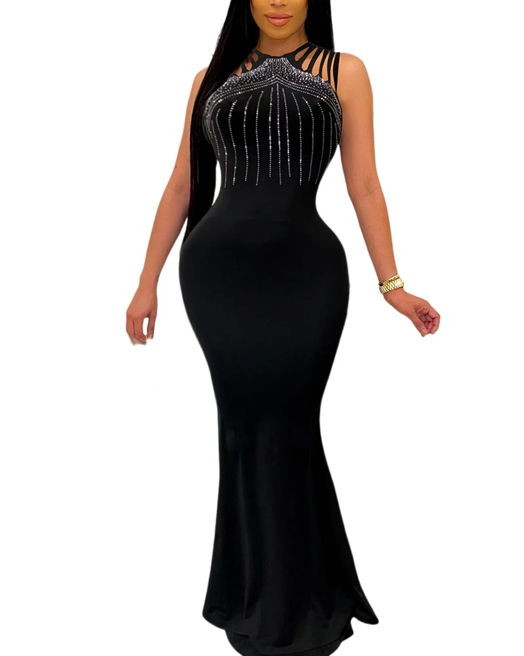 ANJAMANOR Elegant Sexy Evening Dresses for Women Party Classy Night Club Sparkle Rhinestone Black Bodycon Maxi Dress D35-DI30