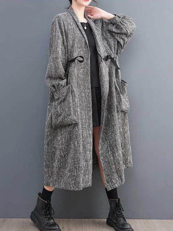 Urban Loose Grey Lapel Drawstring Pockets Long Sleeves Trench Coats