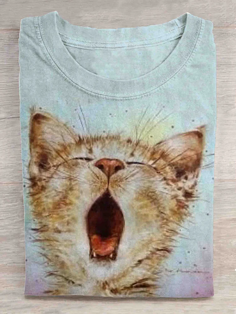 Halloween Cute Yawning Cat Art Print Casual T-Shirt - Solid Color